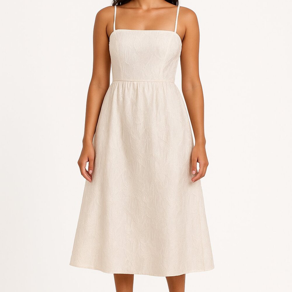 Socialite Floral Jacquard Smocked Bodice Midi Sundress White Ivory M